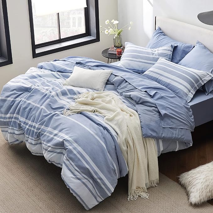 Bedsure King Comforter Set 7 Pieces, Blue Striped Bedding Set for All Seasons, Reversible, Cationic Dyeing Bed in a Bag with Comforter, Sheets, Pillowcases & Shams