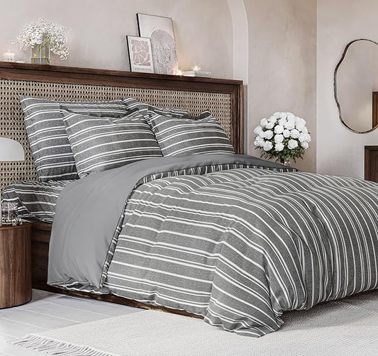 Duvet Cover Queen Size Set - Extra Soft Queen Duvet Cover 90" x 90" with 2 Pillow Shams - Hotel Luxury, Easy Care & Fade Free with Zipper Closures & Ties - Comfy, Cozy and Breathable (Grey Stripes)