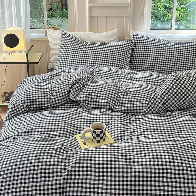 LifeTB Black White Gingham Duvet Cover Queen 100% Washed Cotton Modern Soft Grid Duvet Cover 3 Piece Vintage Plaid Checkered Comforter Cover Farmhouse Gingham Bedding Set Breathable