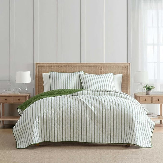 Martha Stewart - King Quilt Set, 100% Soft & Breathable Bedding with a Lightweight Feel for Year Round Comfort, 3 Piece Bed Set with Matching Pillowcases (Ticking Stripe Green)