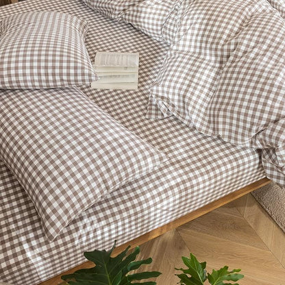 MooMee Gingham Duvet Cover Set 100% Washed Cotton Linen Like Textured Breathable Durable Soft Comfy Modern Checkered Design (Brown Gingham, Palatial King/Oversized King 120"x98")