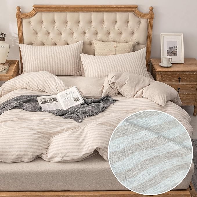 PURE ERA Jersey Knit Pillowcases 100% T-Shirt Cotton Super Soft Comfy Breathable, Set of 2, Standard 20" x 26", Heather Beige Stripe
