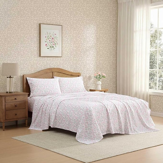 Laura Ashley - Full Sheet Set, Crisp & Cool Cotton Percale Bedding for Year Round Comfort, Deep Pocket, Bed Sheets with Matching Pillowcases (Blossom Bliss Pink)