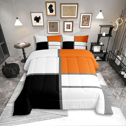 Erosebridal Geometric Abstract Toddler Comforter Blue and White Striped Bedding Set Square Grid Duvet Insert Modern Art Patchwork Bed Sets for Minimalist