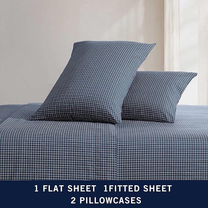 Nautica - Twin Sheets, Premium Cotton Percale Bedding Set, Plaid Home Decor, Oeko-Tex Certified (Reece Plaid Navy, Twin)