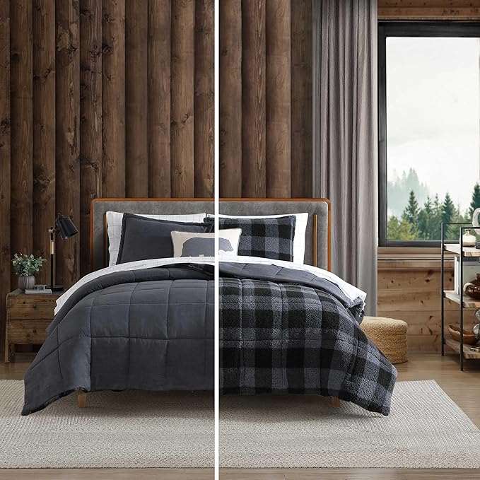 Eddie Bauer - Queen Comforter Set, Microsuede Bedding with Soft Plush Faux Shearling Reverse, 3 Piece Bed Set with Matching Pillowcases (Cabin Plaid Grey)