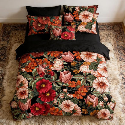 Black Floral Comforter Set Queen Size, Tropical Vintage Botanical Bedding Set for Women - 3 Pieces Soft Fluffy Microfiber Comforter with 2 Pillowcases, 90"x90"