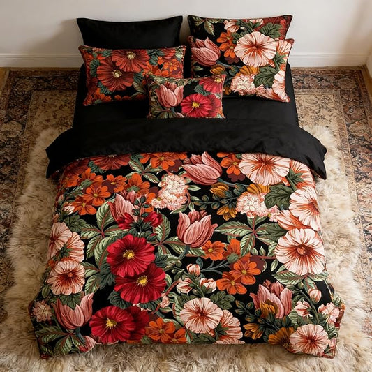 Black Floral Comforter Set Queen Size, Tropical Vintage Botanical Bedding Set for Women - 3 Pieces Soft Fluffy Microfiber Comforter with 2 Pillowcases, 90"x90"