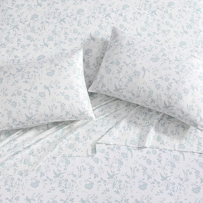 Laura Ashley Home - Standard Pillowcase Set, Cotton Sateen Bedding, Smooth & Wrinkle-Resistant (Garden Palace Aqua, 2 Piece)