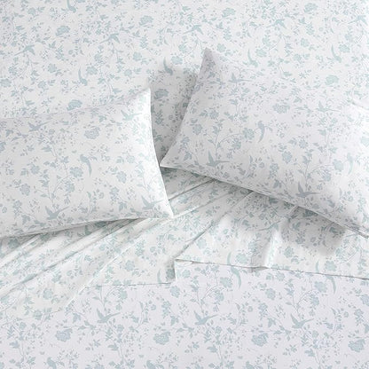 Laura Ashley Home - Standard Pillowcase Set, Cotton Sateen Bedding, Smooth & Wrinkle-Resistant (Garden Palace Aqua, 2 Piece)