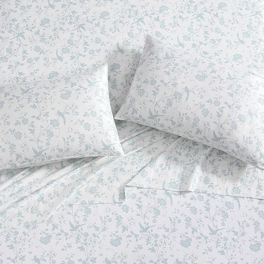 Laura Ashley Home - Standard Pillowcase Set, Cotton Sateen Bedding, Smooth & Wrinkle-Resistant (Garden Palace Aqua, 2 Piece)