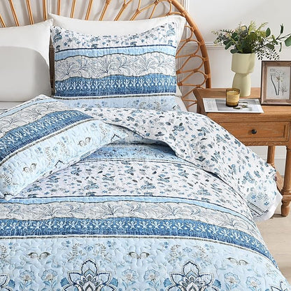 HORIMOTE HOME Boho Quilt King Size Blue Bohemian Floral Quilt Bedding Set, Soft Lightweight King Size Comforter Set for All Season, Farmhouse Bedspread Coverlet with 2 Pillow Shams, 106 x 96 inches