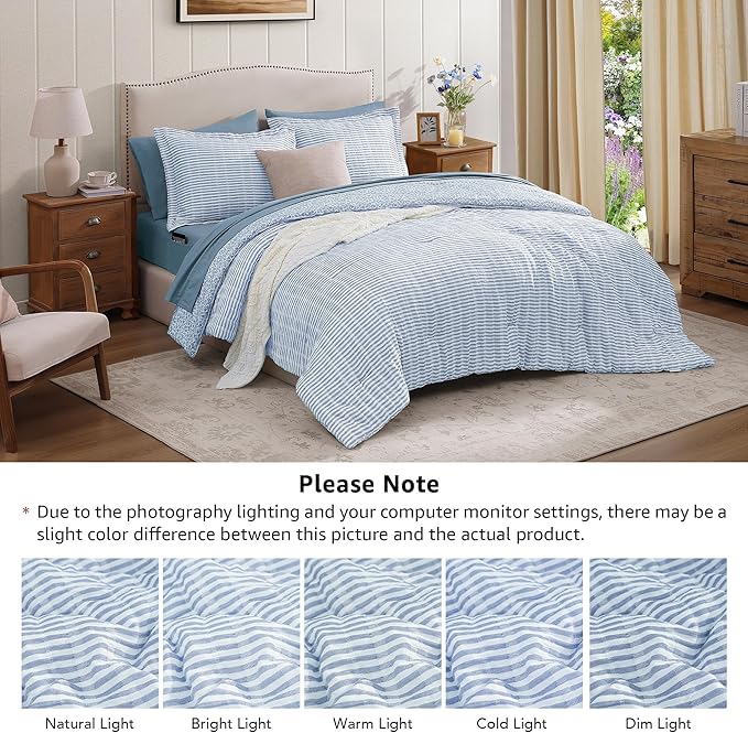 Queen Comforter Set - 7 Pieces Blue Gauze Muslin Bedding Sets for All Seasons, Lightweight Breathable Bed in a Bag Queen with Revesible Farmhouse Comforter, Sheets, Pillowcases & Shams