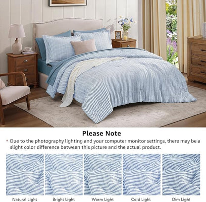 Queen Comforter Set - 7 Pieces Blue Gauze Muslin Bedding Sets for All Seasons, Lightweight Breathable Bed in a Bag Queen with Revesible Farmhouse Comforter, Sheets, Pillowcases & Shams