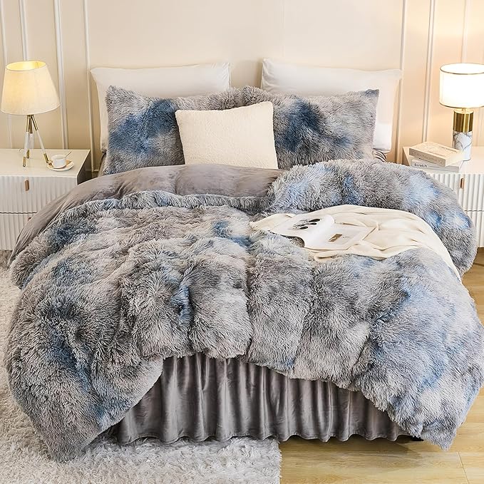 Andency Faux Fur Tie-Dyed Grey Blue Comforter Set Full Size, 3 Pieces Fluffy Fuzzy Plush Bedding Comforter Set (1 Shaggy Velvet Comforter & 2 Pillowcases), Soft Puffy Down Comforter Bedding Set