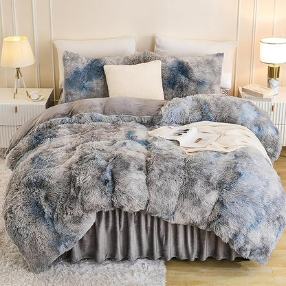 Andency Faux Fur Tie-Dyed Grey Blue Comforter Set Full Size, 3 Pieces Fluffy Fuzzy Plush Bedding Comforter Set (1 Shaggy Velvet Comforter & 2 Pillowcases), Soft Puffy Down Comforter Bedding Set