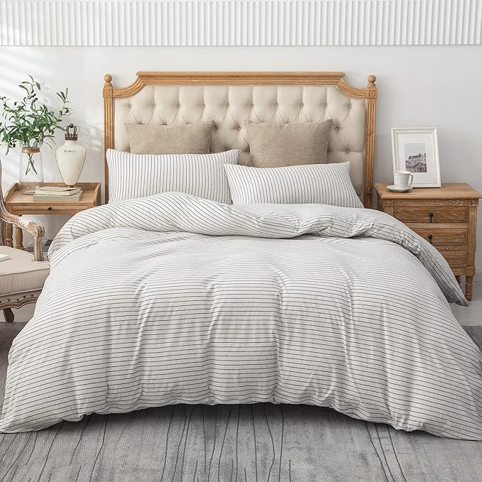 PURE ERA Jersey Knit Duvet Cover Set 100% T-Shirt Heather Cotton Super Soft Comfy Classic Striped Design, with Zipper Closure, Heather White & Black Pinstripe, King