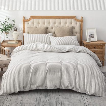PURE ERA Jersey Knit Duvet Cover Set 100% T-Shirt Heather Cotton Super Soft Comfy Classic Striped Design, with Zipper Closure, Heather White & Black Pinstripe, Queen