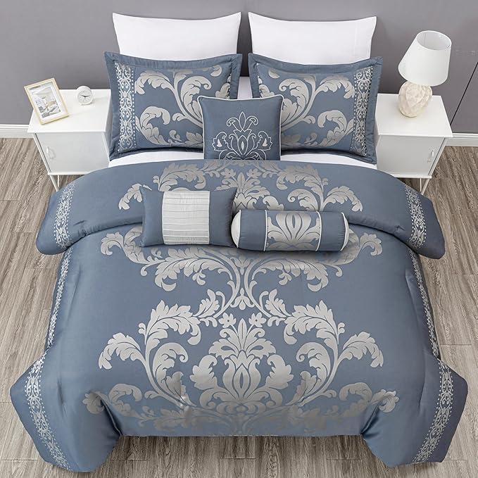 Chezmoi Collection Royale 7-Piece Jacquard Floral Comforter Set, California King, Grayish Blue/Gray