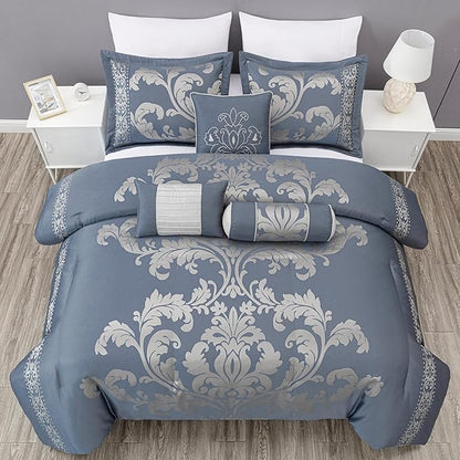 Chezmoi Collection Royale 7-Piece Jacquard Floral Comforter Set, California King, Grayish Blue/Gray
