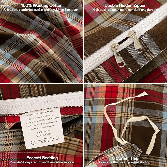 ECOCOTT Buffalo Plaid Duvet Cover King Size– 3 Piece Washed Cotton Bedding Set with Classic Checkered Pattern, Red & Brown Duvet Cover with Pillowcases for All Seasons