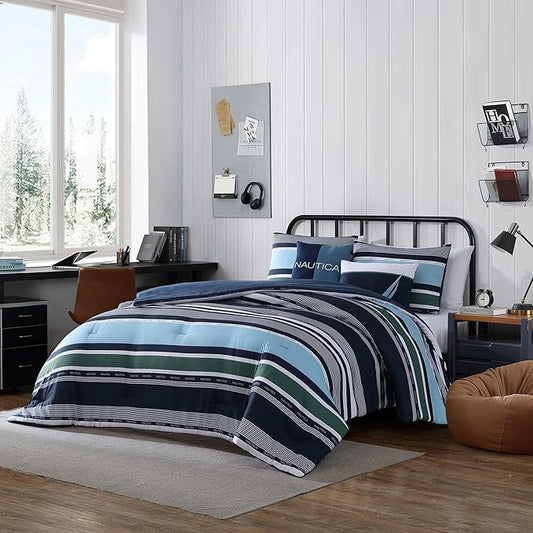 Nautica - King Comforter Set, Soft Woven Bedding with a Lightweight for Year Round Comfort, 5 Piece Bed Set with Matching Pillowcases & Bonus Throw Pillows (Elliot Blue)