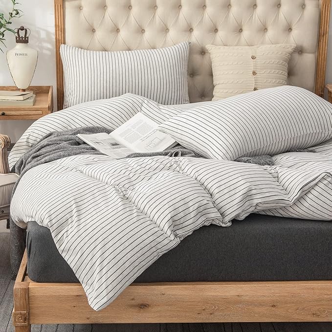 PURE ERA Jersey Knit Duvet Cover Set 100% T-Shirt Heather Cotton Super Soft Comfy Classic Striped Design, with Zipper Closure, Heather White & Black Pinstripe, Full