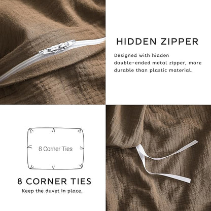 SE SOFTEXLY Muslin Duvet Cover California King Size, 100% Washed Cotton Duvet Cover Set, Soft Comforter Cover Linen Like, 3 Pieces Minimalist Gauze Duvet Cover with 2 Pillowcases, 98"x104", Dark Brown