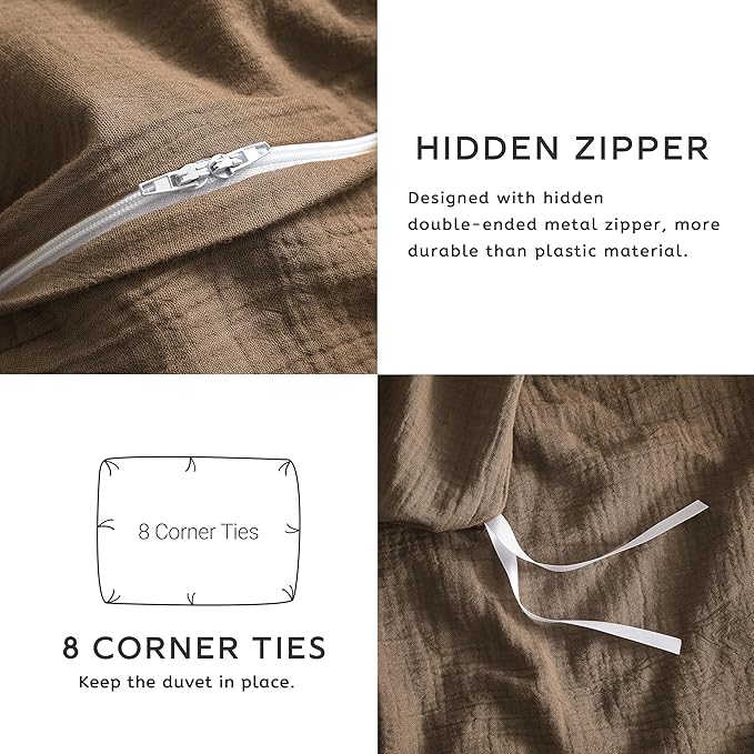 SE SOFTEXLY Muslin Duvet Cover Queen Size, 100% Washed Cotton Duvet Cover Set, Ultra Soft Comforter Cover Linen Like, 3 Pieces Minimalist Gauze Duvet Cover with 2 Pillowcases, 90"x90", Dark Brown