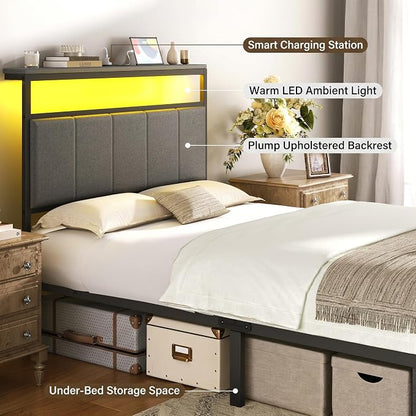 Twin Bed Frame with 2 Storage Drawers, Grey Upholstered | Headboard with Charging Station and LED Lights, Metal Platform Bed with Storage Shelf, Noise Free, No Box Spring Needed