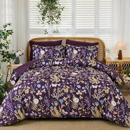 Yiran Purple Floral Comforter Set King Size, 7 Piece Botanical Comforter Bedding Set, Farmhouse Bed in a Bag, Soft Microfiber Complete Bedding Set with Sheets for All Season