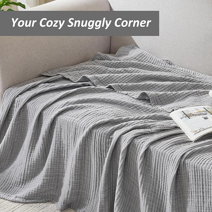EMME Cotton Muslin King Blanket Bed Layering Bedspread Coverlet Breathable Gauze Soft Lightweight Blankets (Heather Grey, 108"x90")