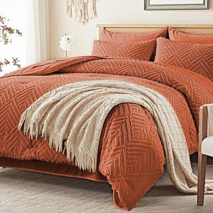 Zzlpp King Comforter Set 7 Pieces, Burnt Orange Tufted Bed in a Bag with Comforter, Pillow Shams, Pillowcases, Flat Sheet, Fitted Sheet