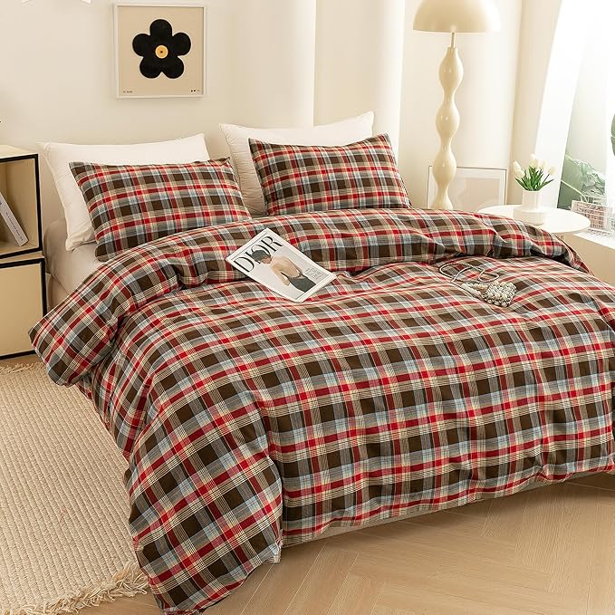 ECOCOTT Buffalo Plaid Duvet Cover King Size– 3 Piece Washed Cotton Bedding Set with Classic Checkered Pattern, Red & Brown Duvet Cover with Pillowcases for All Seasons