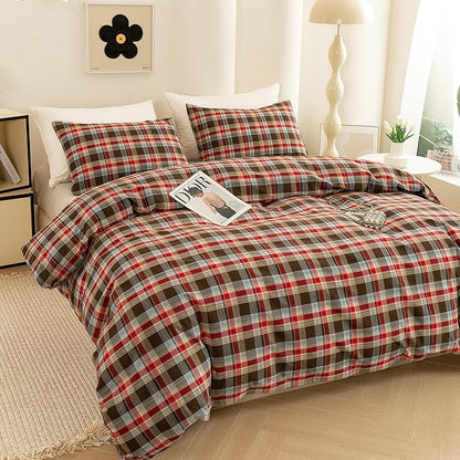 ECOCOTT Buffalo Plaid Duvet Cover King Size– 3 Piece Washed Cotton Bedding Set with Classic Checkered Pattern, Red & Brown Duvet Cover with Pillowcases for All Seasons