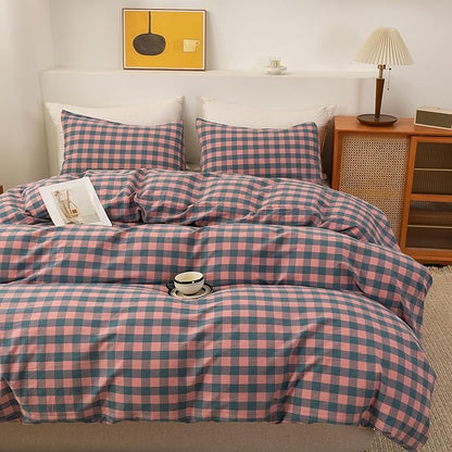 ECOCOTT Duvet Cover California King Size, 100% Washed Cotton Linen-Like Soft & Breathable, Durable Comfy Bedding Set for All Seasons, Purple Pink Plaid