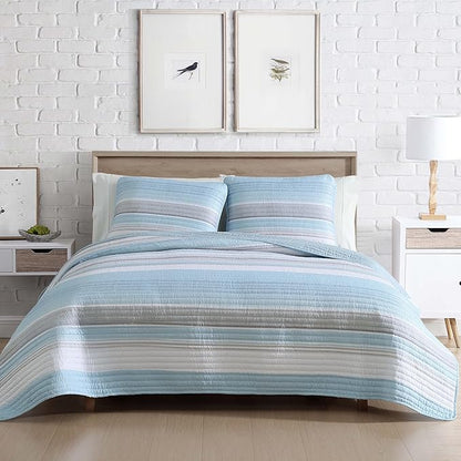 Beatrice Home Fashions Coralinn Striped 2-Piece Quilt Set, Lightweight, All-Seasons, Twin, Blue Gray
