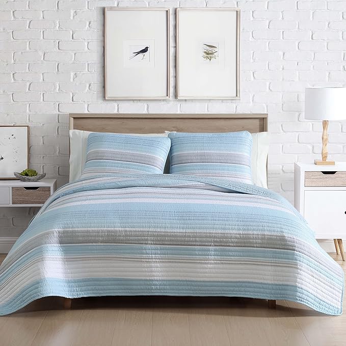 Beatrice Home Fashions Coralinn Striped 3-Piece Quilt Set, Lightweight, All-Seasons, Full/Queen, Blue Gray