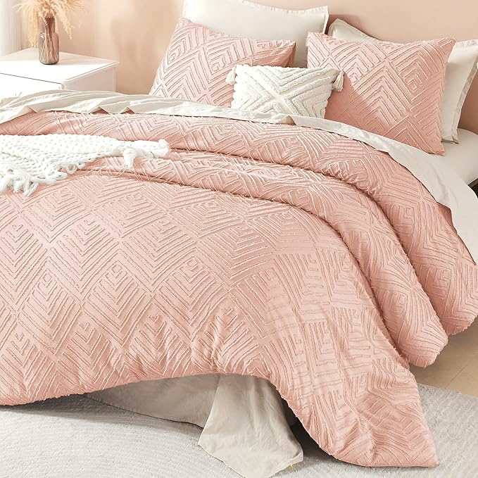 Litanika Blush Pink King Size Comforter Set, 3 Pieces Tufted Boho Farmhouse Bedding Comforter Sets, Lightweight Fluffy Comforter Bed Set for All Season (104x90In Comforter and 2 Pillowcases)