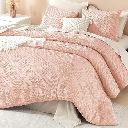 Litanika Blush Pink King Size Comforter Set, 3 Pieces Tufted Boho Farmhouse Bedding Comforter Sets, Lightweight Fluffy Comforter Bed Set for All Season (104x90In Comforter and 2 Pillowcases)