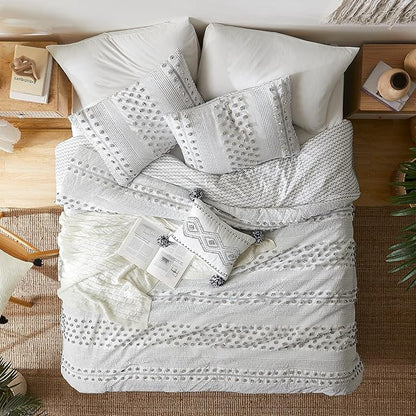 Geniospin Queen Comforter Set 7 Pieces, Bed in A Bag with Comforter, Sheets, Pillowcases & Shams, Pom Tufted Design, All Season Down Alternative Bedding Sets