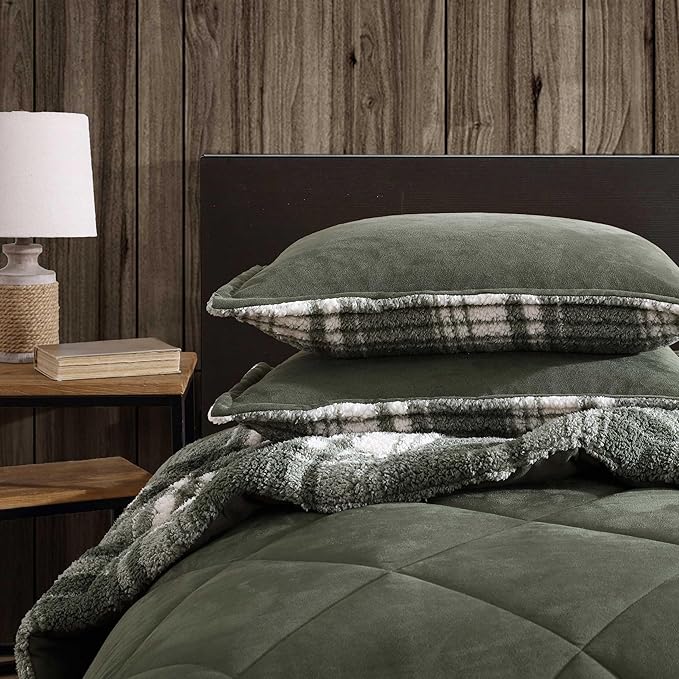Eddie Bauer - Twin Comforter Set, Microsuede Bedding with Soft Plush Faux Shearling Reverse, 2 Piece Bed Set with Matching Pillowcase (Big Lake Plaid Green)