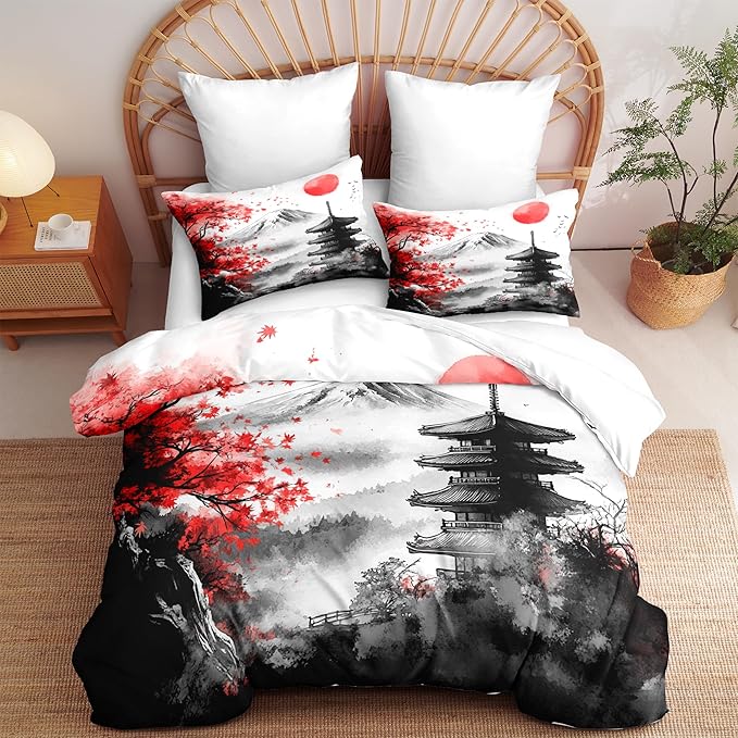 Classical Art Painting Comforter Set Full Size, 3 Pieces Japanese Style Botanical Bedding Sets for Girls, Landscape Maple Leaves Soft Lightweight Down Alternative Comforter(79" X 90")
