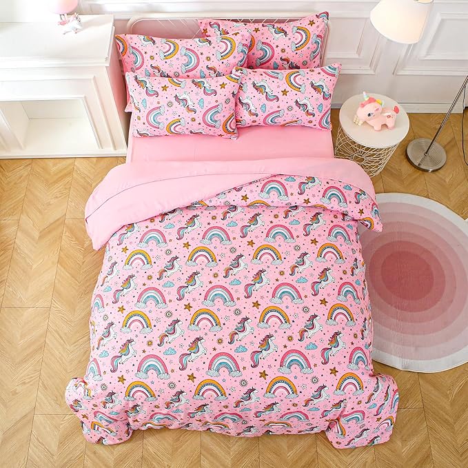 Glow in The Dark Kids Comforter Set, 7 Pieces Pink Unicorn Bedding Set Full Size for Boys Girls Teen, 1 Comforter, 2 Pillowcases, 2 Pillow Shams, 1 Flat Sheet, 1 Fitted Sheet