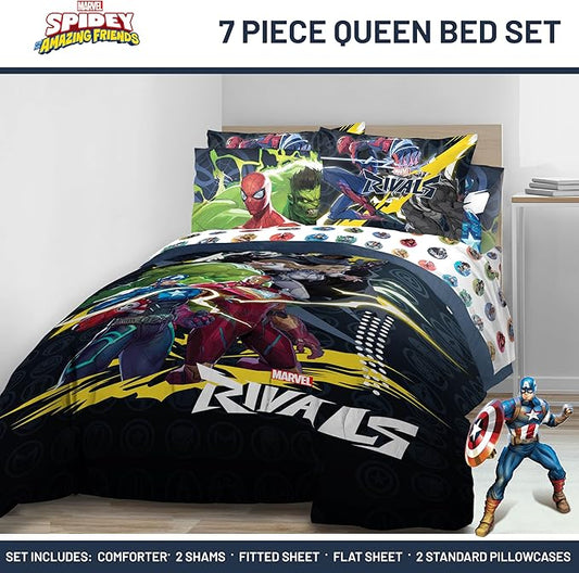 Jay Franco Kids Comforter Set Includes Sheets and Pillow Covers - Soft and Cozy Bed Set for Stylish Room Decor, Official Licensed Bedding, Multi - Marvel Rivals, 7 Piece Queen