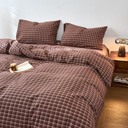 EAVD Vintage Style Burgundy Gingham Duvet Cover Full 100% Washed Cotton Like Linen Feel Soft Checkered Grid Plaid Bedding Set with 2 Pillowcases Farmhouse Grid Geometric Duvet Cover with Zipper