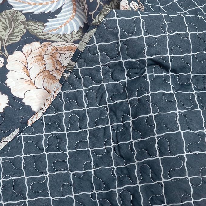 Lush Decor Sydney Reversible Cotton Quilt Set, 3 Piece Set, Full/Queen, Navy & Multi - Cotton Bedding Set - Navy Floral Quilt - Cottage Decor - Bedding Queen Size
