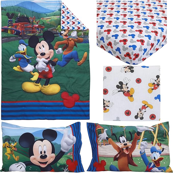 Disney Mickey's Big Adventure Blue, Red, Yellow & Green 4Piece Toddler Bed Set - Comforter, Fitted Bottom Sheet, Flat Top Sheet, Reversible Pillowcase, Blue, Red, Yellow, Green