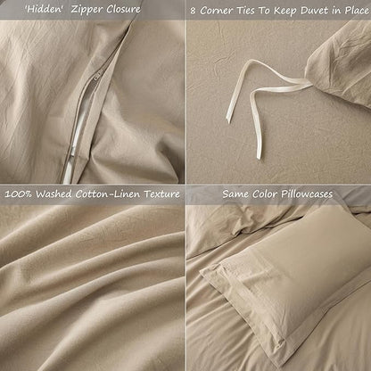 Linen Feel Duvet Cover King Size 104inch x 90inch,100% Washed Cotton Duvet Cover with Zipper Closure and 2 Pillowcases, Color of Mocha Brown
