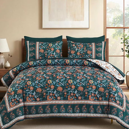 Dinjoy Boho Comforter Set Queen,Dark Green Bedding Paisley Floral 7 Piece Bed in a Bag Reversible Lightweight Bohemain Comforters with Sheet Sets for All Season